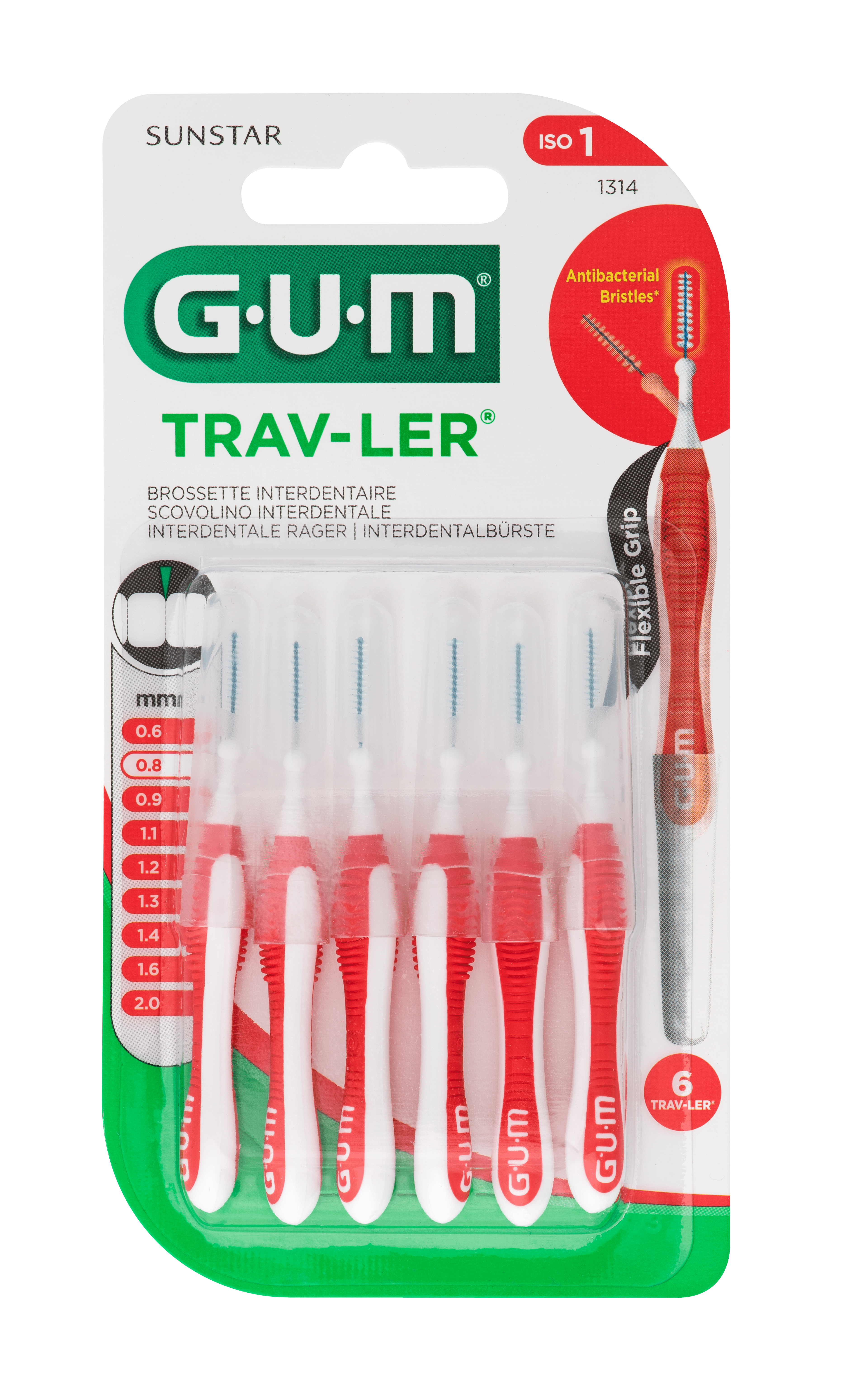 GUM Trav-Ler Κόκκινο 0.8mm 6 Τεμάχια Κυλινδρικό 1 1314-FR-IT-NL-DE-GUM-Travler-0.8mm-6cts-Blister-Front copie