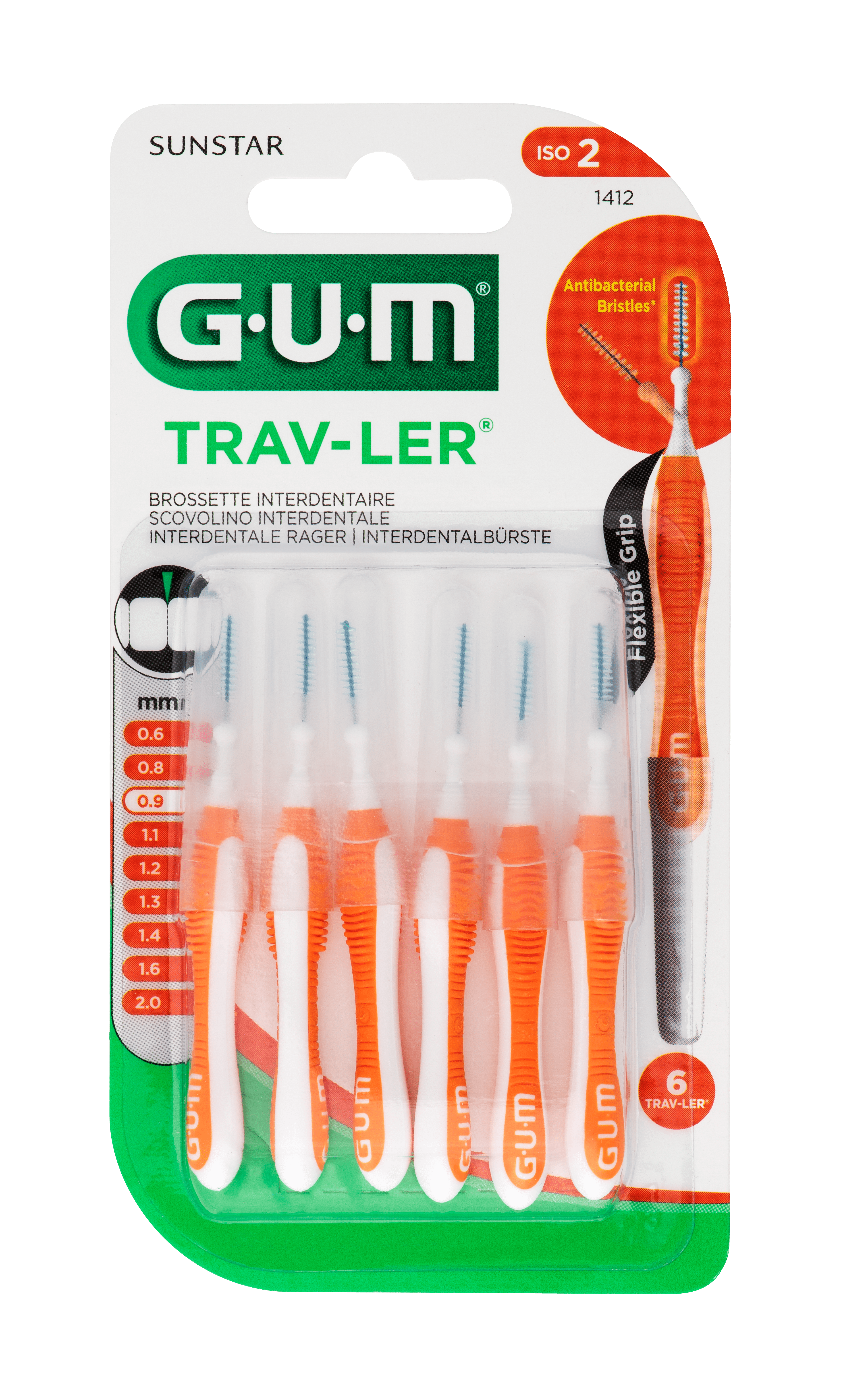 GUM Trav-Ler Πορτοκαλί 0.9mm 6 Τεμάχια Κωνικό 1 1412-FR-IT-NL-DE-GUM-Travler-0.9mm-6cts-Blister-Front copie