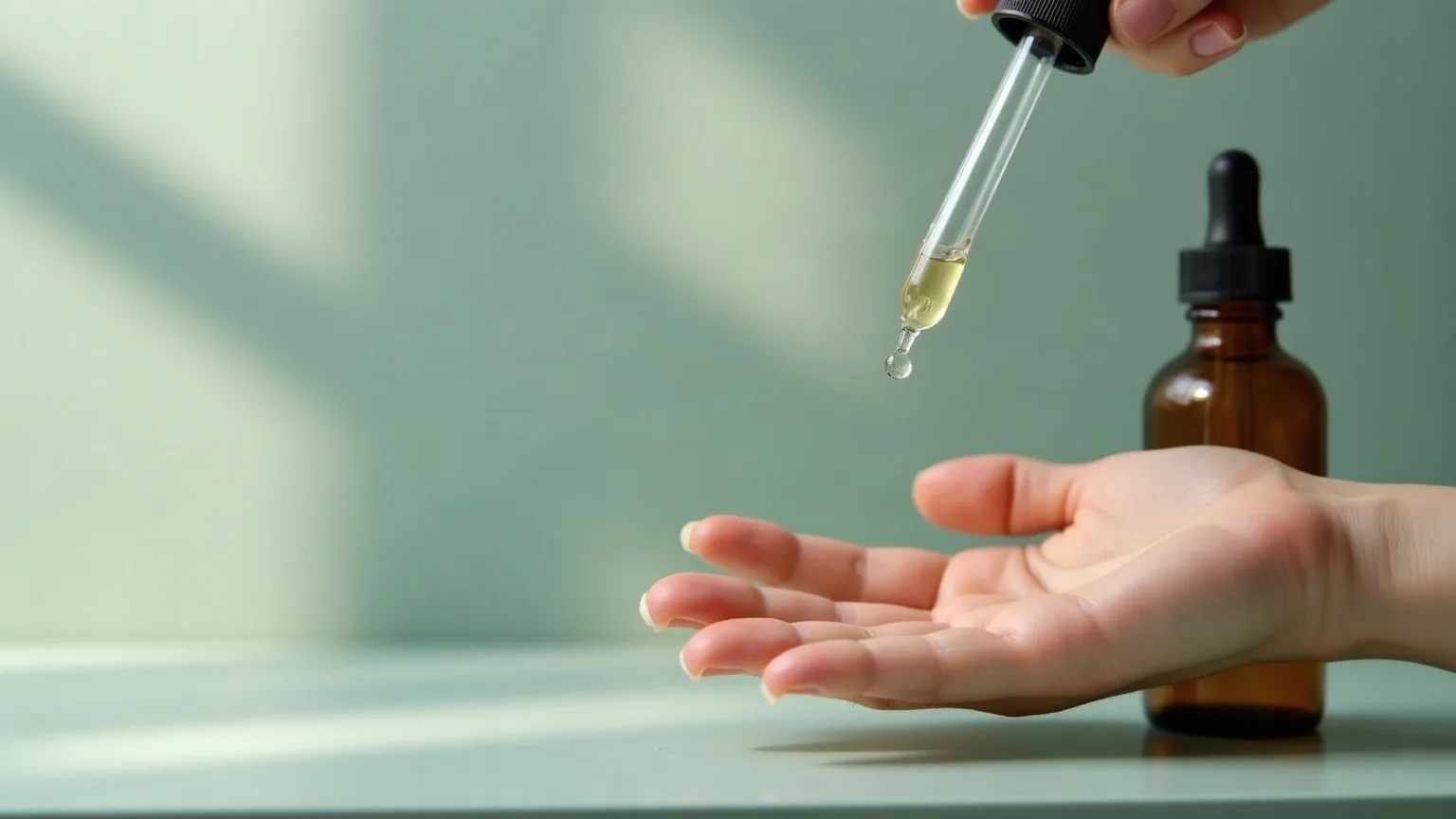 Αντιγήρανση: Οδηγός για κρέμες, serum και ενεργά συστατικά 2 Σταγονόμετρο με αντιγηραντικό serum πάνω από την παλάμη, δίπλα σε σκούρο γυάλινο μπουκάλι
